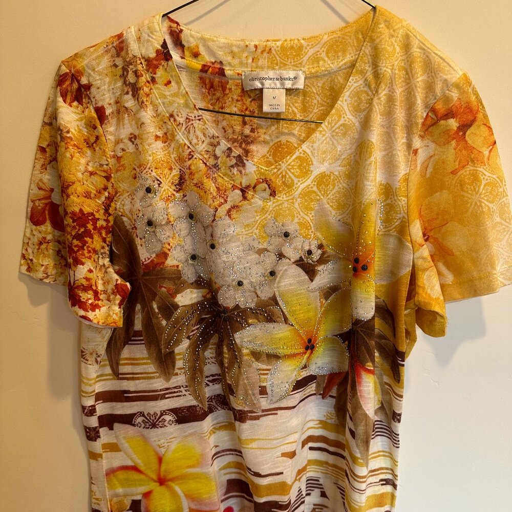 Christopher & Banks Yellow & Brown Hibiscus T Shirt Size M